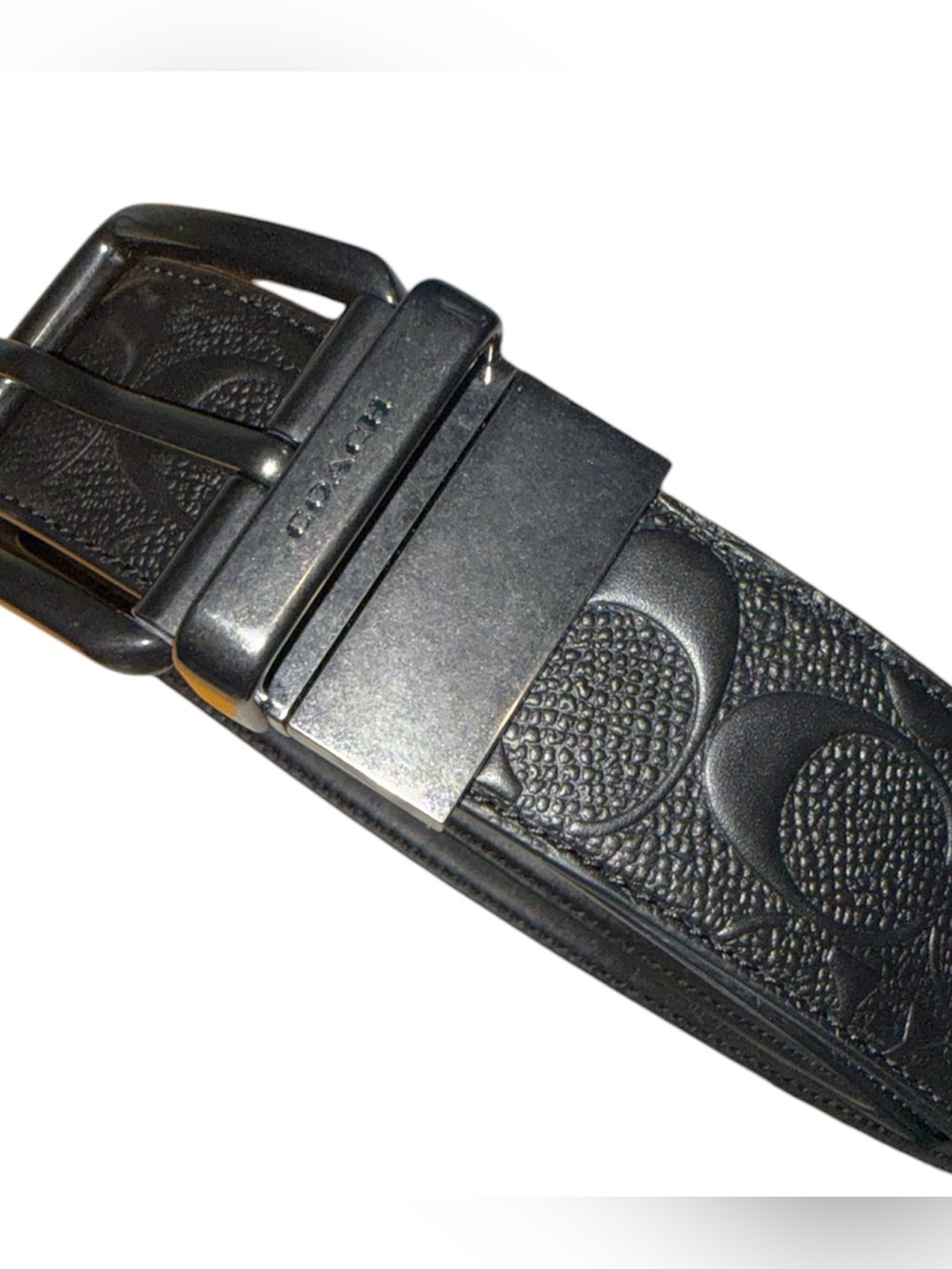 Coach Black Leather Men's Belt with Silver Buckle and Textured Strap